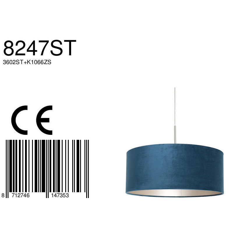 Hanglamp Sparkled Light 8247ST staal met luxe blauwe velourskap