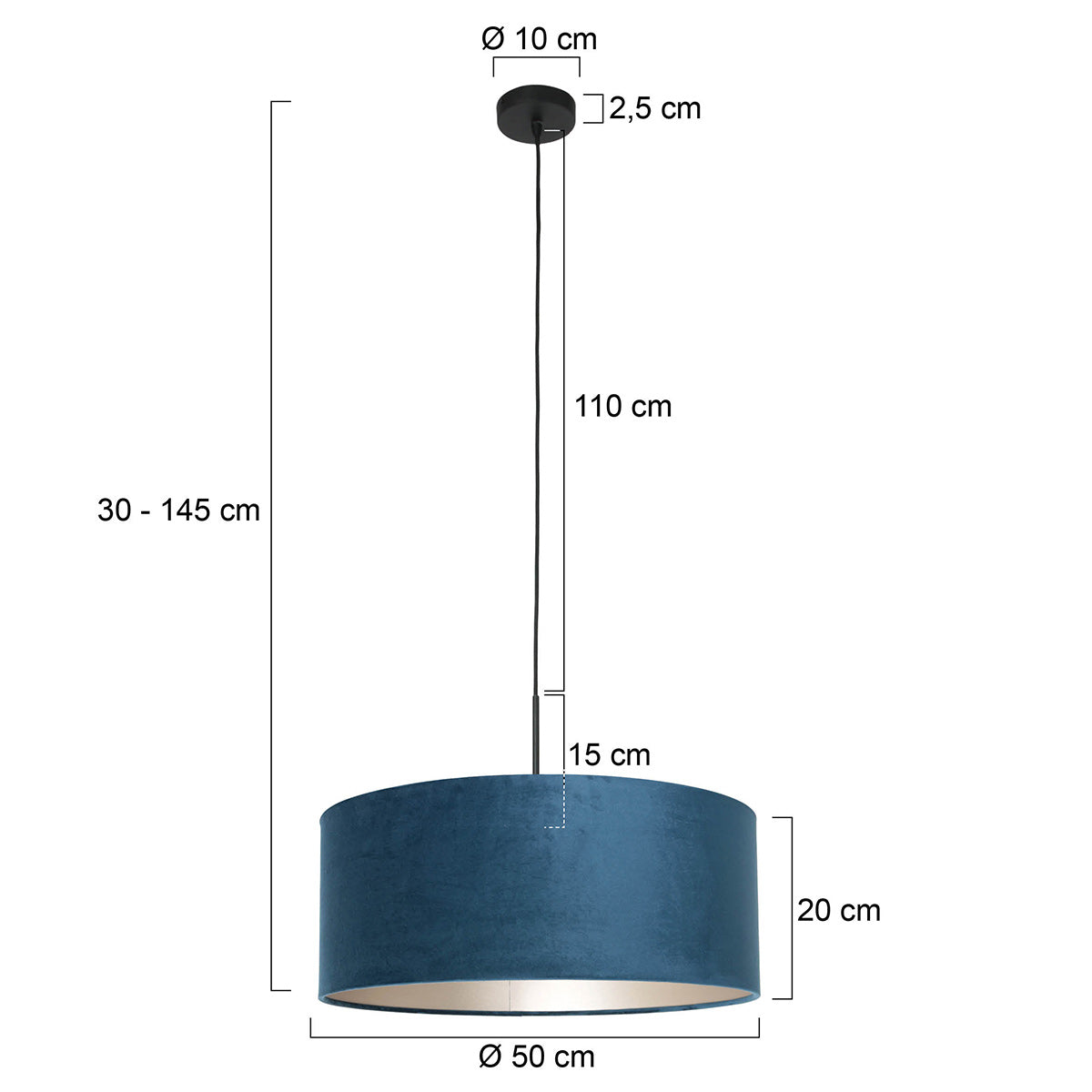 Hanglamp Sparkled Light 8248ZW zwart met luxe blauw velours kap