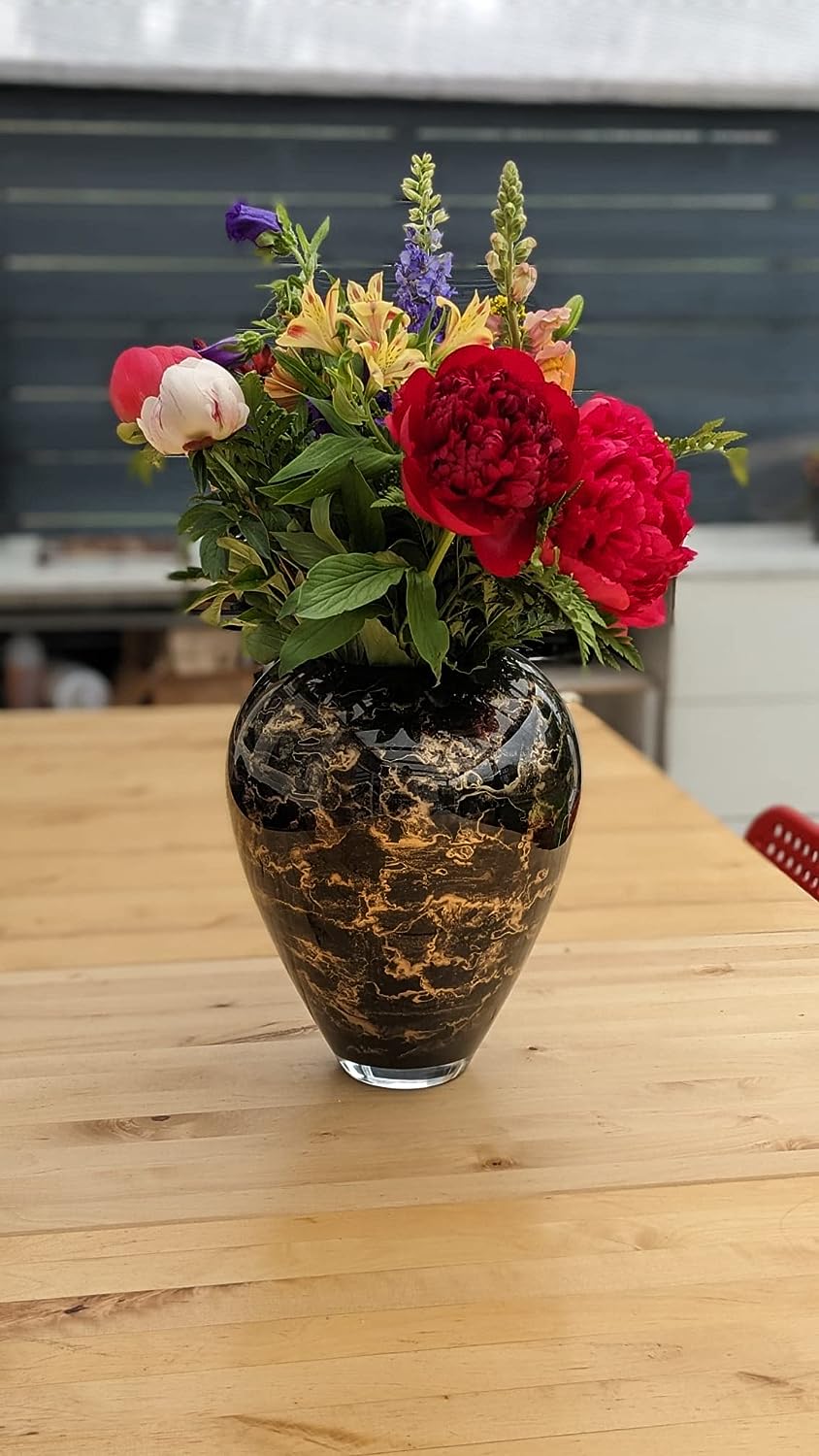 Terroso® zwart-gouden vaas, glas/marmer, elegant, hoogte 33 cm