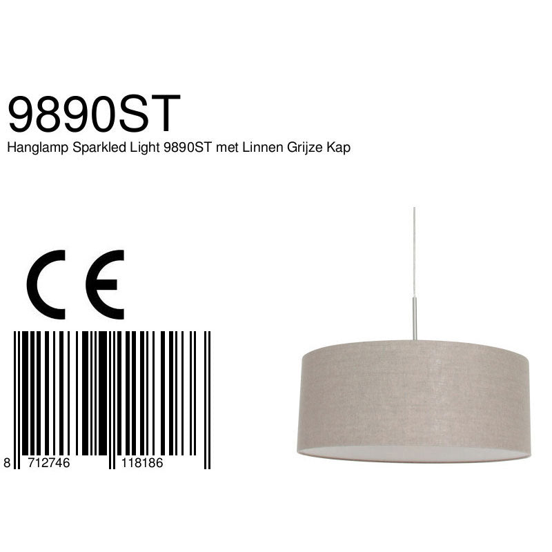 Hanglamp Sparkled Light 9890ST staal met kap van grof grijs linnen