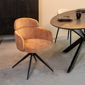 LABEL51 Eetkamerstoelen Levi - Cognac - Chenille - Zwart Metalen Frame
