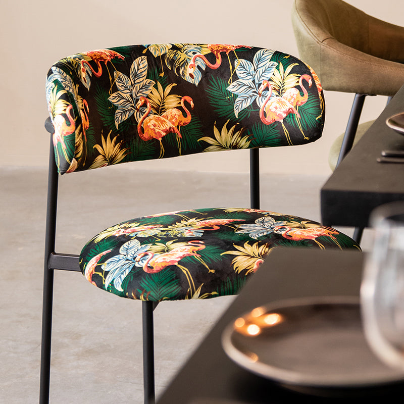 LABEL51 Eetkamerstoelen Ferry - Printed Flamingo - Velvet - Zwart Metalen Frame