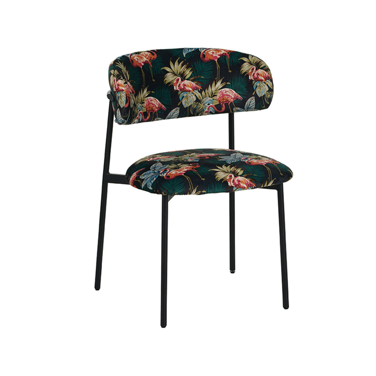 LABEL51 Eetkamerstoelen Ferry - Printed Flamingo - Velvet - Zwart Metalen Frame
