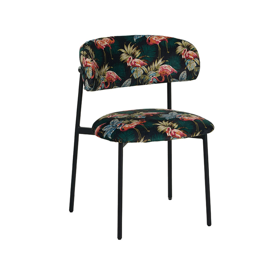 LABEL51 Eetkamerstoelen Ferry - Printed Flamingo - Velvet - Zwart Metalen Frame
