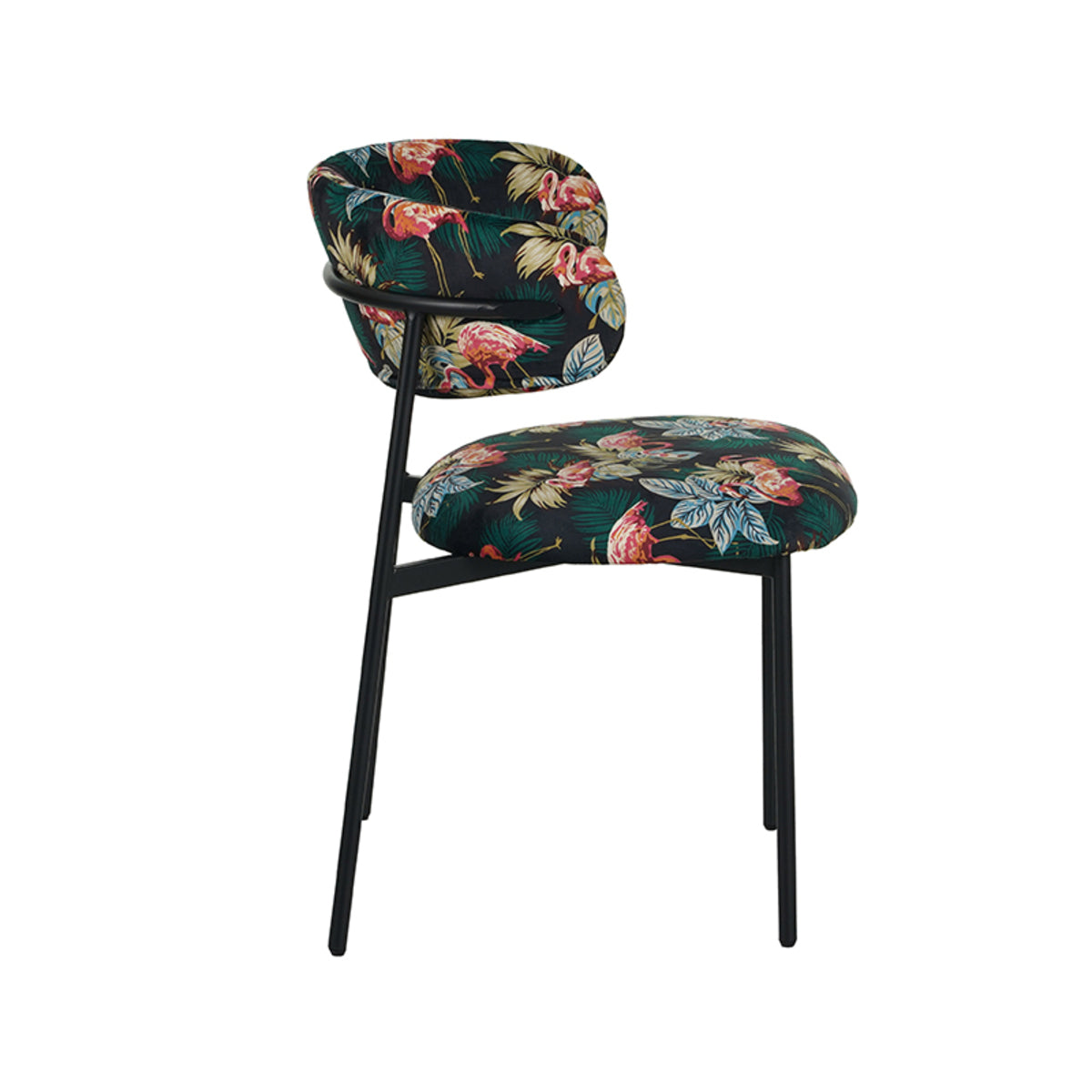 LABEL51 Eetkamerstoelen Ferry - Printed Flamingo - Velvet - Zwart Metalen Frame