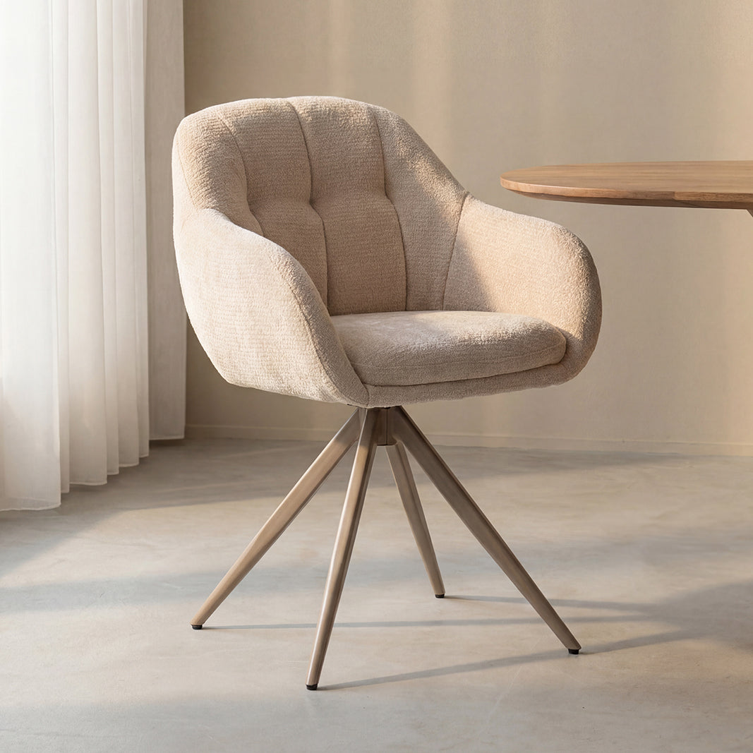 LABEL51 Eetkamerstoelen Esma - Naturel - Chenille - Taupe Metalen Frame