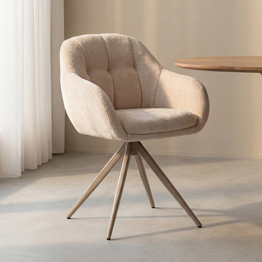 LABEL51 Eetkamerstoelen Esma - Naturel - Chenille - Taupe Metalen Frame
